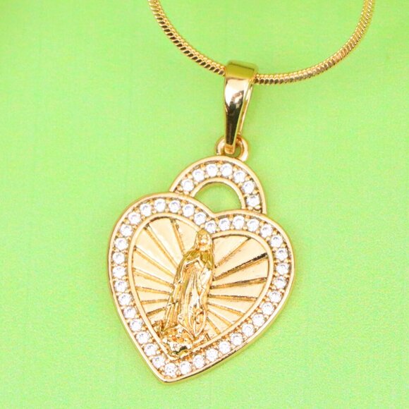 "Religious Rose Gold Heart Pendant with Virgin Mary and Crystals, XPPT1273 - Picture 1 of 13